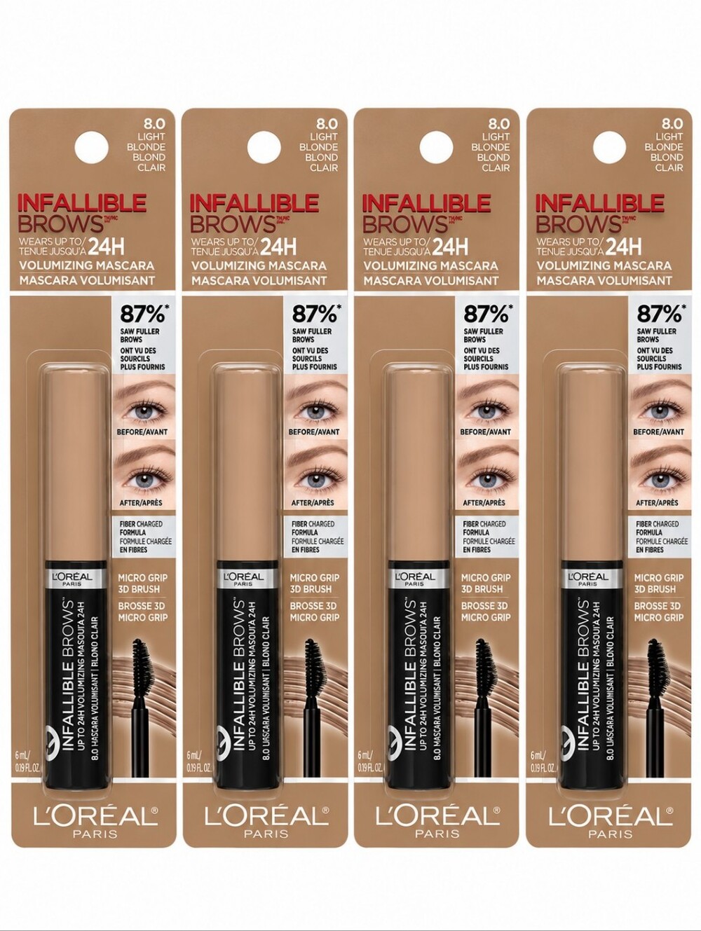 4 x L'Oréal Infallible Volumizing 24H Wear Brow Mascara - 8.0 Light Blonde